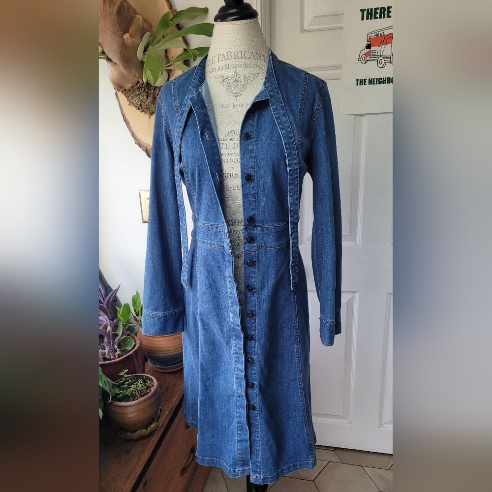 Madewell Denim Tie Neck Shirtdress Button Front Jean Dress Size 12 - Picture 11 of 13